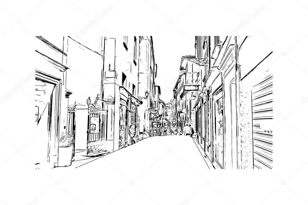 Print Building view with landmark of Bologna is the city in Italy. Hand drawn sketch illustration in vector.