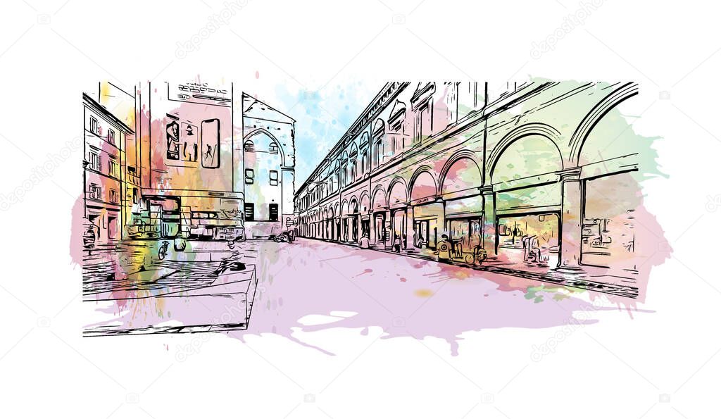 Print Building view with landmark of Bologna is the city in Italy. Watercolor splash with hand drawn sketch illustration in vector.