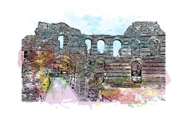 Print Building view with landmark of Bordeaux is the city of France. Vektör içinde el çizimi çizimi eşkali ile suluboya sıçraması.