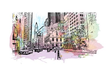 Boston 'un simgesi olan Print Building View Massachusetts' te bulunmaktadır. Vektör içinde el çizimi çizimi eşkali ile suluboya sıçraması.