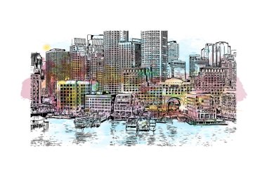 Boston 'un simgesi olan Print Building View Massachusetts' te bulunmaktadır. Vektör içinde el çizimi çizimi eşkali ile suluboya sıçraması.