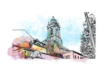 Print Building view with landmark of Braga, Portekiz 'in kuzeyinde yer alan bir şehirdir. Vektörde elle çizilmiş resim ile suluboya sıçraması.