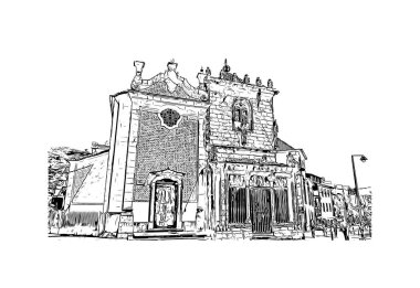 Print Building view with landmark of Braga, Portekiz 'in kuzeyinde yer alan bir şehirdir. Vektörde elle çizilmiş çizim çizimi.