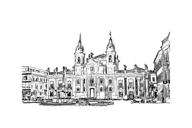 Print Building view with landmark of Braga, Portekiz 'in kuzeyinde yer alan bir şehirdir. Vektörde elle çizilmiş çizim çizimi.