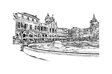Print Building view with landmark of Braga, Portekiz 'in kuzeyinde yer alan bir şehirdir. Vektörde elle çizilmiş çizim çizimi.