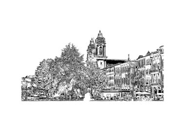 Print Building view with landmark of Braga, Portekiz 'in kuzeyinde yer alan bir şehirdir. Vektörde elle çizilmiş çizim çizimi.