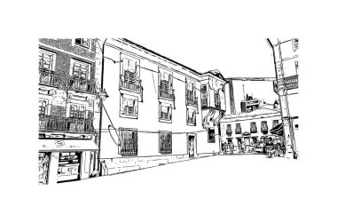 Print Building view with landmark of Braga, Portekiz 'in kuzeyinde yer alan bir şehirdir. Vektörde elle çizilmiş çizim çizimi.