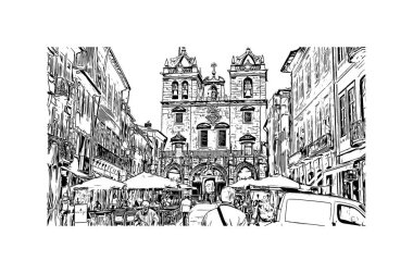 Print Building view with landmark of Braga, Portekiz 'in kuzeyinde yer alan bir şehirdir. Vektörde elle çizilmiş çizim çizimi.