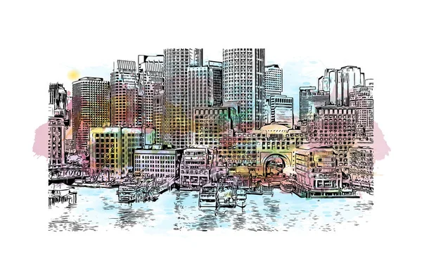 Boston 'un simgesi olan Print Building View Massachusetts' te bulunmaktadır. Vektör içinde el çizimi çizimi eşkali ile suluboya sıçraması.