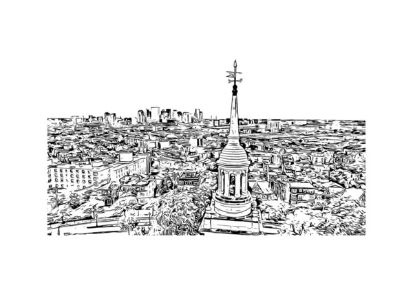 Boston 'un simgesi olan Print Building View Massachusetts' te bulunmaktadır. Vektörde elle çizilmiş çizim çizimi.