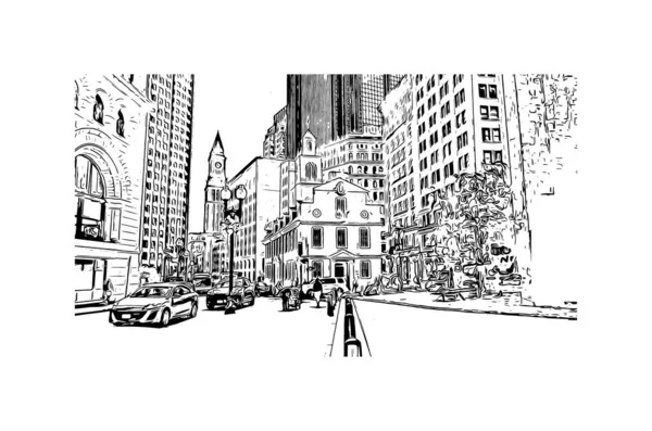 Imprimir Vista Del Edificio Con Hito Boston Ciudad Massachusetts Dibujo — Vector de stock