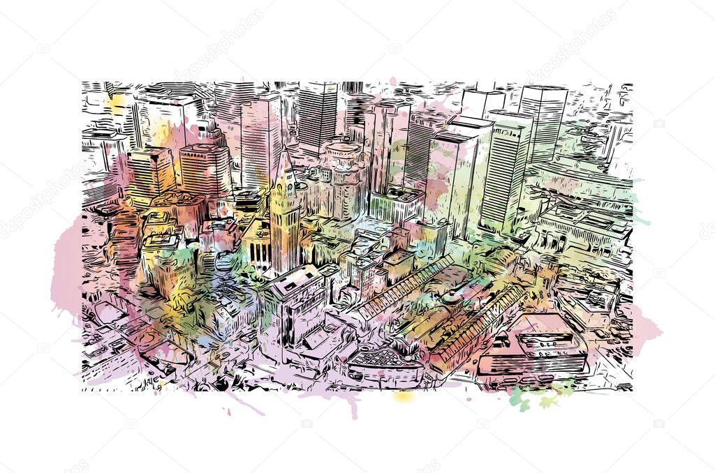 Print Building view with landmark of Boston is the city in Massachusetts. watercolour splash with hand drawn sketch illustration in vector.