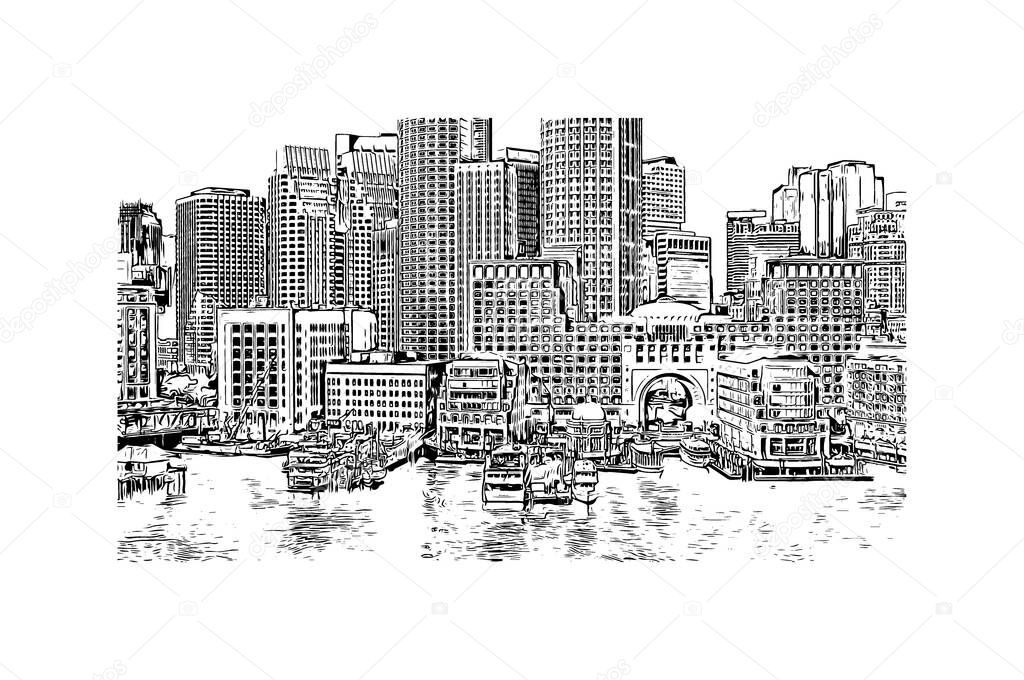 Print Building view with landmark of Boston is the city in Massachusetts. Hand drawn sketch illustration in vector.