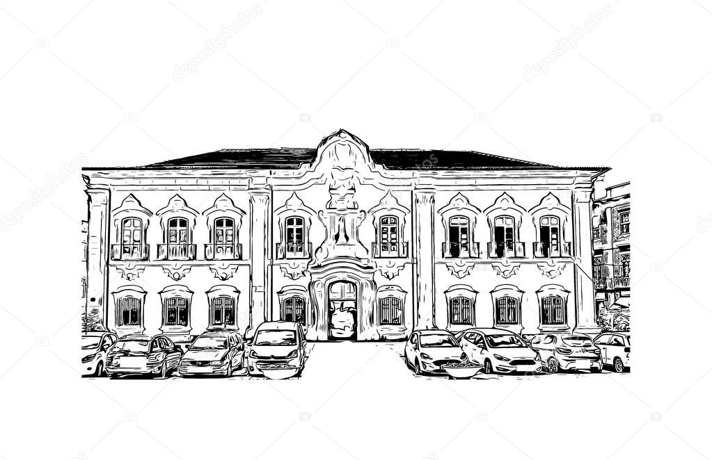 Print Building view with landmark of Braga is a city in the far north of Portugal. Hand drawn sketch illustration in vector.