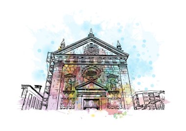 Print Building view with landmark of Braga, Portekiz 'in kuzeyinde yer alan bir şehirdir. Vektör içinde el çizimi çizimi eşkali ile suluboya sıçraması.