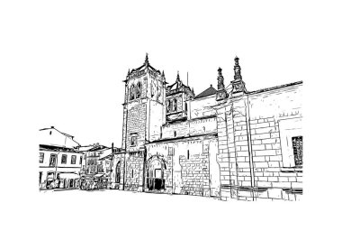 Print Building view with landmark of Braga, Portekiz 'in kuzeyinde yer alan bir şehirdir. Vektörde elle çizilmiş çizim çizimi.