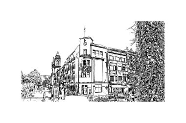 Print Building view with landmark of Braga, Portekiz 'in kuzeyinde yer alan bir şehirdir. Vektörde elle çizilmiş çizim çizimi.