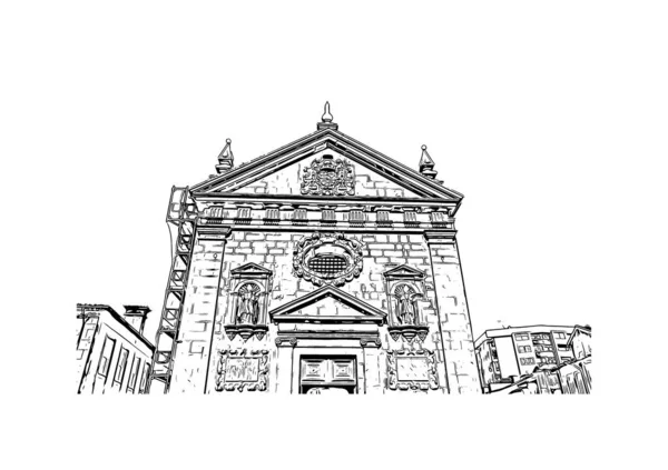 Imprimir Vista Del Edificio Con Hito Braga Una Ciudad Extremo — Archivo Imágenes Vectoriales