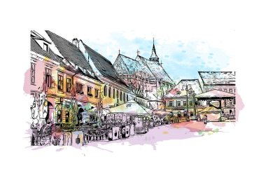 Brasov 'un tarihi yapısına sahip Print Building Romanya' nın kentidir. Vektörde elle çizilmiş resim ile suluboya sıçraması.