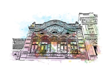 Brasov 'un tarihi yapısına sahip Print Building Romanya' nın kentidir. Vektörde elle çizilmiş resim ile suluboya sıçraması.