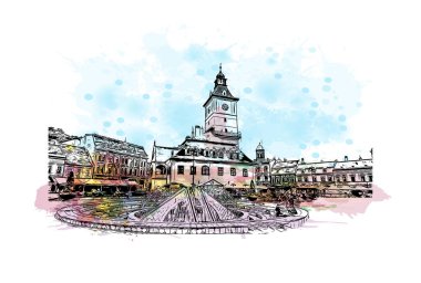 Brasov 'un tarihi yapısına sahip Print Building Romanya' nın kentidir. Vektörde elle çizilmiş resim ile suluboya sıçraması.