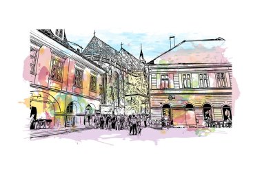Brasov 'un tarihi yapısına sahip Print Building Romanya' nın kentidir. Vektörde elle çizilmiş resim ile suluboya sıçraması.