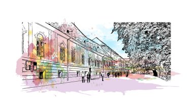 Brasov 'un tarihi yapısına sahip Print Building Romanya' nın kentidir. Vektörde elle çizilmiş resim ile suluboya sıçraması.