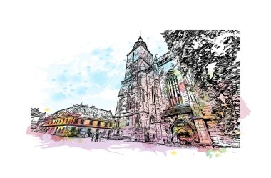 Brasov 'un tarihi yapısına sahip Print Building Romanya' nın kentidir. Vektörde elle çizilmiş resim ile suluboya sıçraması.