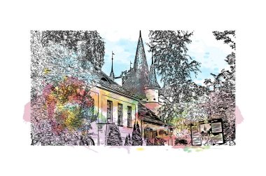 Brasov 'un tarihi yapısına sahip Print Building Romanya' nın kentidir. Vektörde elle çizilmiş resim ile suluboya sıçraması.