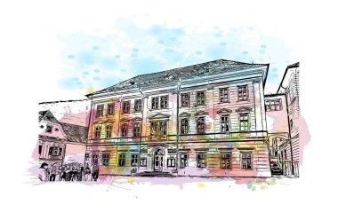 Brasov 'un tarihi yapısına sahip Print Building Romanya' nın kentidir. Vektörde elle çizilmiş resim ile suluboya sıçraması.