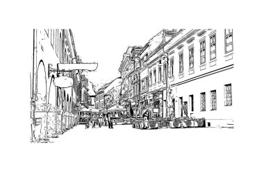 Brasov 'un tarihi yapısına sahip Print Building Romanya' nın kentidir. Vektörde elle çizilmiş çizim çizimi.