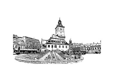 Brasov 'un tarihi yapısına sahip Print Building Romanya' nın kentidir. Vektörde elle çizilmiş çizim çizimi.
