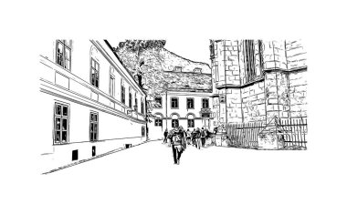 Brasov 'un tarihi yapısına sahip Print Building Romanya' nın kentidir. Vektörde elle çizilmiş çizim çizimi.