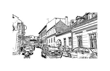 Brasov 'un tarihi yapısına sahip Print Building Romanya' nın kentidir. Vektörde elle çizilmiş çizim çizimi.