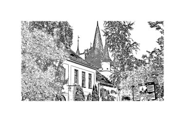 Brasov 'un tarihi yapısına sahip Print Building Romanya' nın kentidir. Vektörde elle çizilmiş çizim çizimi.