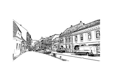 Brasov 'un tarihi yapısına sahip Print Building Romanya' nın kentidir. Vektörde elle çizilmiş çizim çizimi.