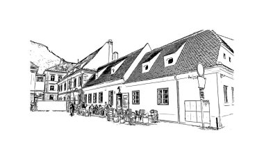 Brasov 'un tarihi yapısına sahip Print Building Romanya' nın kentidir. Vektörde elle çizilmiş çizim çizimi.