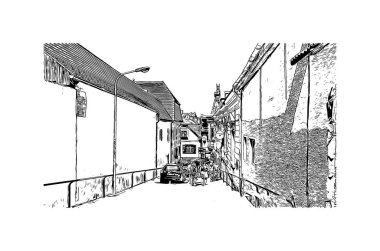 Brasov 'un tarihi yapısına sahip Print Building Romanya' nın kentidir. Vektörde elle çizilmiş çizim çizimi.