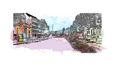 Breda, Hollanda 'nın güneyinde yer alan bir şehirdir. Vektörde elle çizilmiş resim ile suluboya sıçraması.