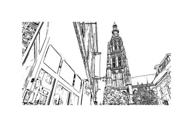 Breda, Hollanda 'nın güneyinde yer alan bir şehirdir. Vektörde elle çizilmiş çizim çizimi.