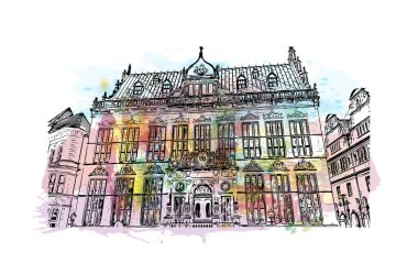 Print Building view, Almanya 'nın kuzeybatısında Weser Nehri' nde yer alan Bremen ilçe merkezi. Vektörde elle çizilmiş resim ile suluboya sıçraması.