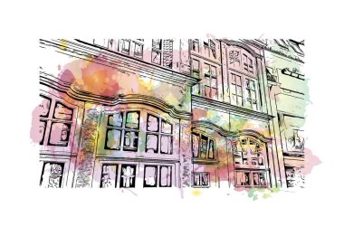 Print Building view, Almanya 'nın kuzeybatısında Weser Nehri' nde yer alan Bremen ilçe merkezi. Vektörde elle çizilmiş resim ile suluboya sıçraması.