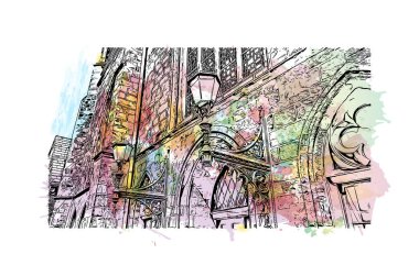 Print Building view, Almanya 'nın kuzeybatısında Weser Nehri' nde yer alan Bremen ilçe merkezi. Vektörde elle çizilmiş resim ile suluboya sıçraması.