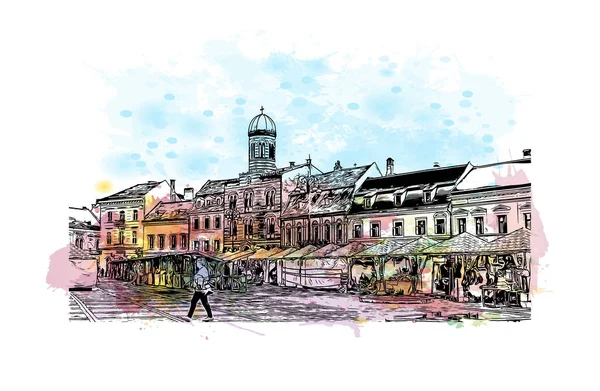 Print Building View Landmark Brasov Staden Rumänien Akvarell Stänk Med — Stock vektor