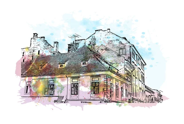 Brasov 'un tarihi yapısına sahip Print Building Romanya' nın kentidir. Vektörde elle çizilmiş resim ile suluboya sıçraması.