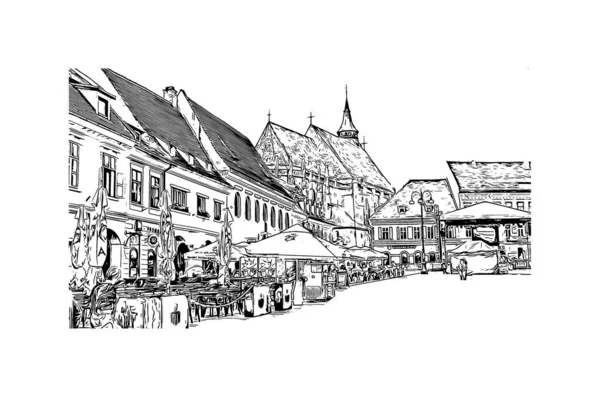 Brasov 'un tarihi yapısına sahip Print Building Romanya' nın kentidir. Vektörde elle çizilmiş çizim çizimi.
