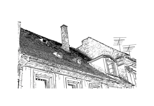 Print Building View Landmark Brasov City Romania Hand Drawn Sketch — Stock Vector