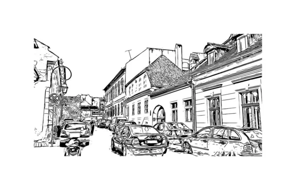 Print Building View Landmark Brasov Staden Rumänien Handritad Skiss Illustration — Stock vektor