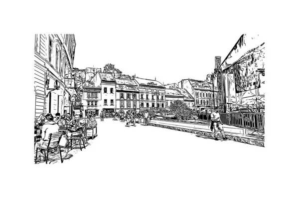 Print Building View Landmark Brasov Staden Rumänien Handritad Skiss Illustration — Stock vektor