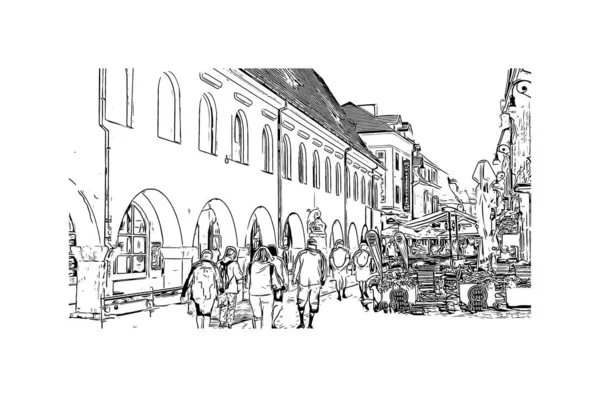 Print Building Vista Com Marco Brasov Cidade Romênia Desenho Desenhado — Vetor de Stock